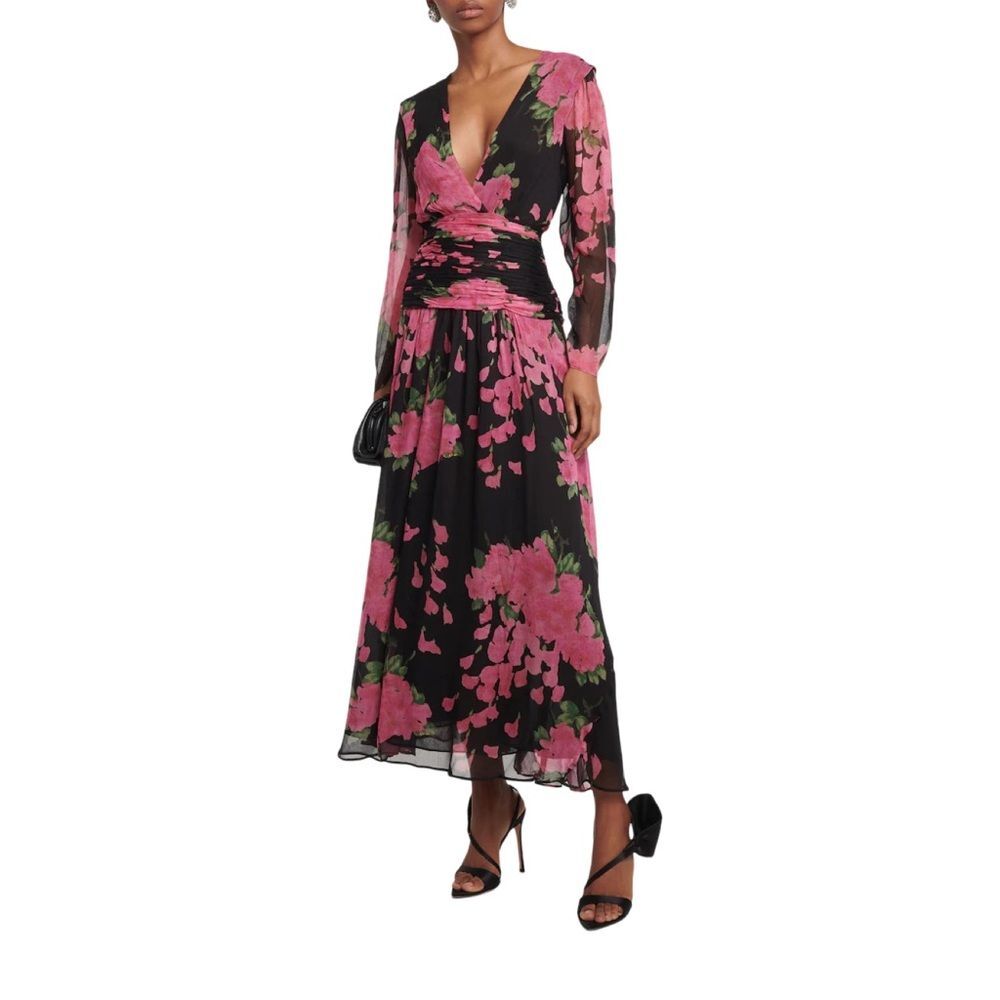 RIXO Racquel Ruched Floral Print Midi Dress Black Pink Drop Waist FLAW XS